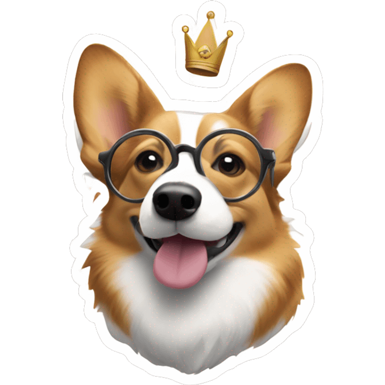 Tri-colored Corgi with a crown and round glasses sniffing the screen emoji