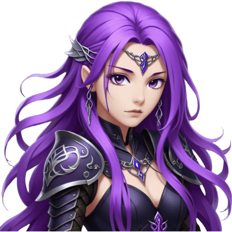 A mysterious warrior girl with long, flowing purple hair cascading down her back, strands catching the dim light like silk. Her piercing violet eyes glow. She wears sleek black armor, a perfect fusion of elegance and lethality, adorned with intricate silver engravings resembling ancient runes.  emoji