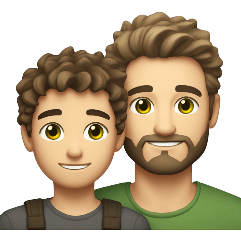 Handsome Father 40s green eyes with short full beard with Son 13s light brown eyes tousled bedhead look both has brunette hair light skin arms on shoulder portrait emoji