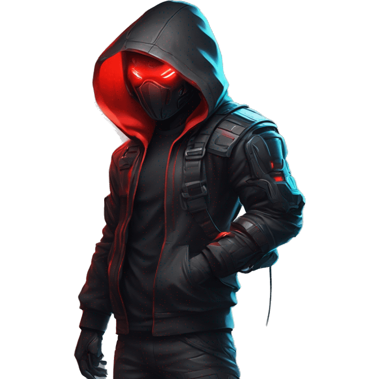 developer behind his laptop with this style : crysis Cyberpunk Riot Games Valorant neon glowing bright red character red dark black hooded assassin themed character emoji