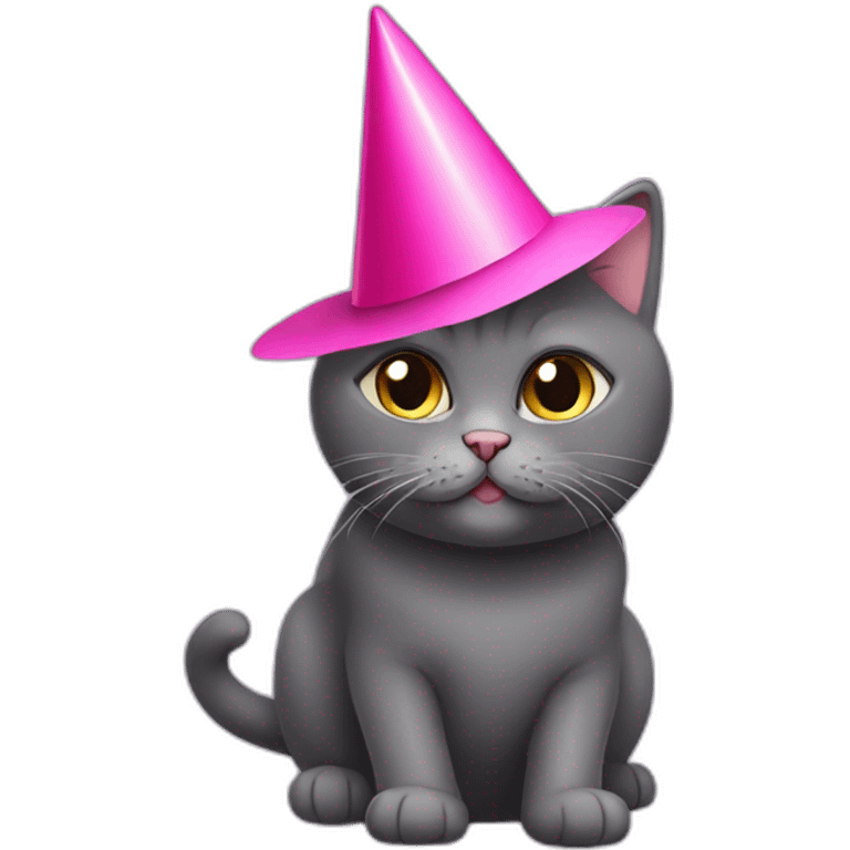 Dark Grey British short hair cat wearing a pink party hat emoji