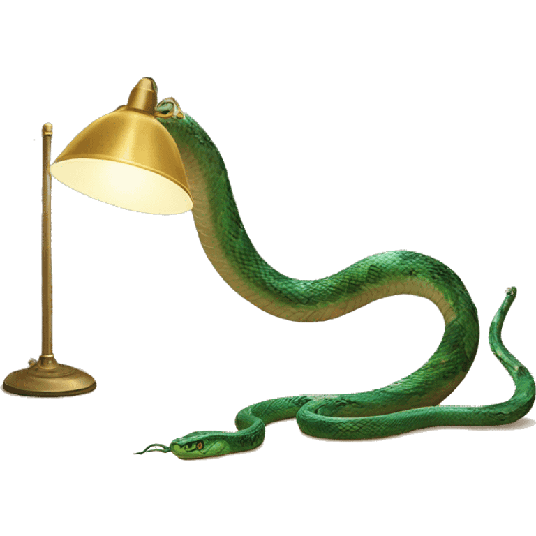 A snake on a desk. The snakes head should be replaced with a lamp. The snakes tail should be connected to a battery emoji