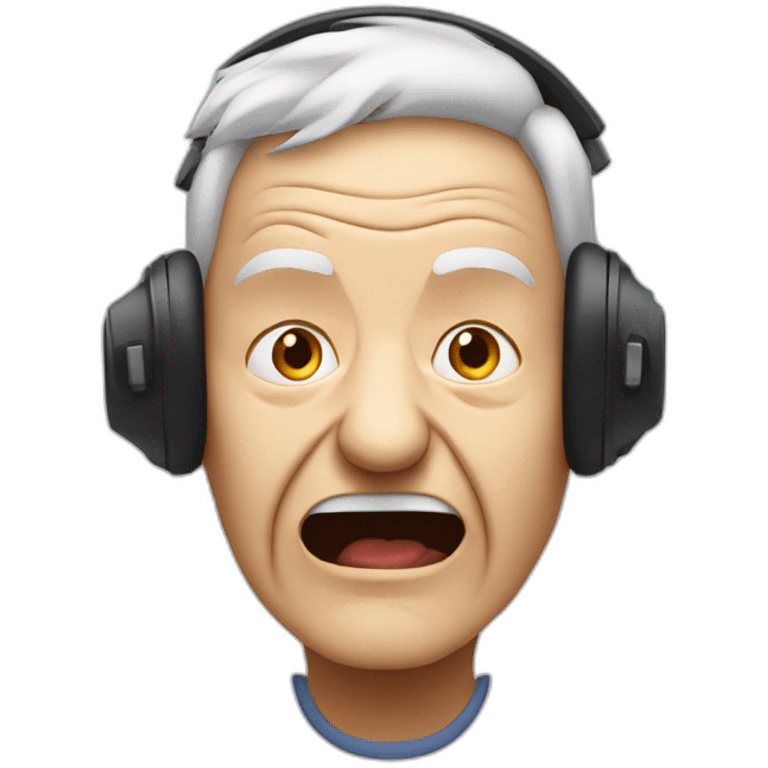 face of an elderly person with headphones on where only sound comes out from one side and the person is angry emoji