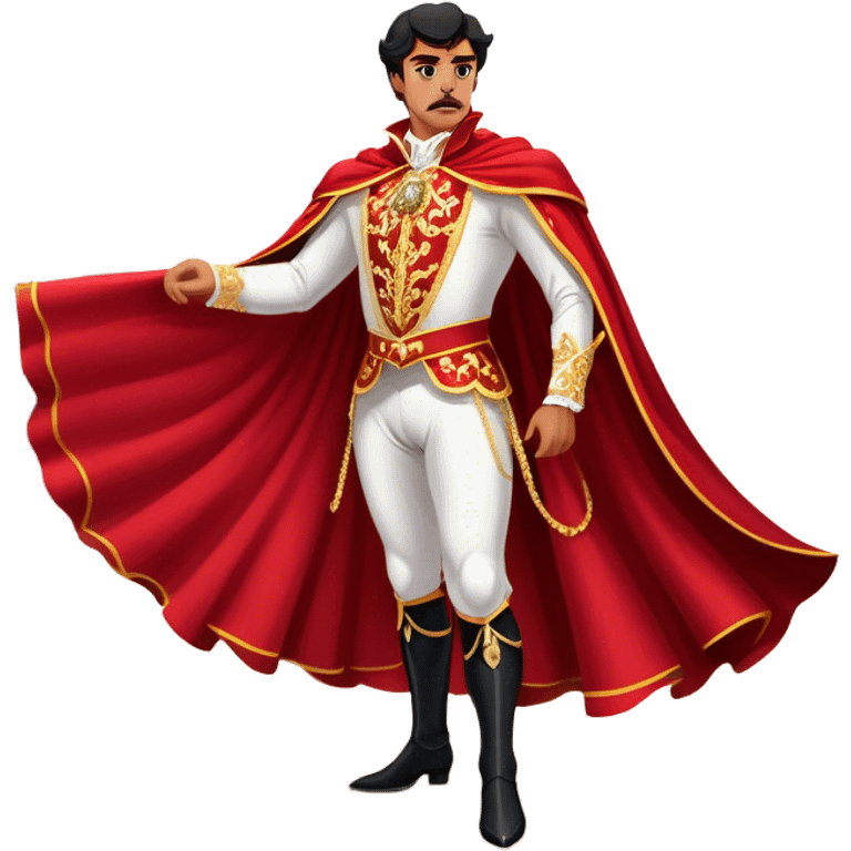 Spanish Matador – Cinematic Realistic Spanish Matador, portrayed in an ornate traje de luces with a flowing red cape, standing poised in a classic bullring with swirling dust and dramatic light, his intense expression and elegant stance capturing both bravery and artistry. emoji