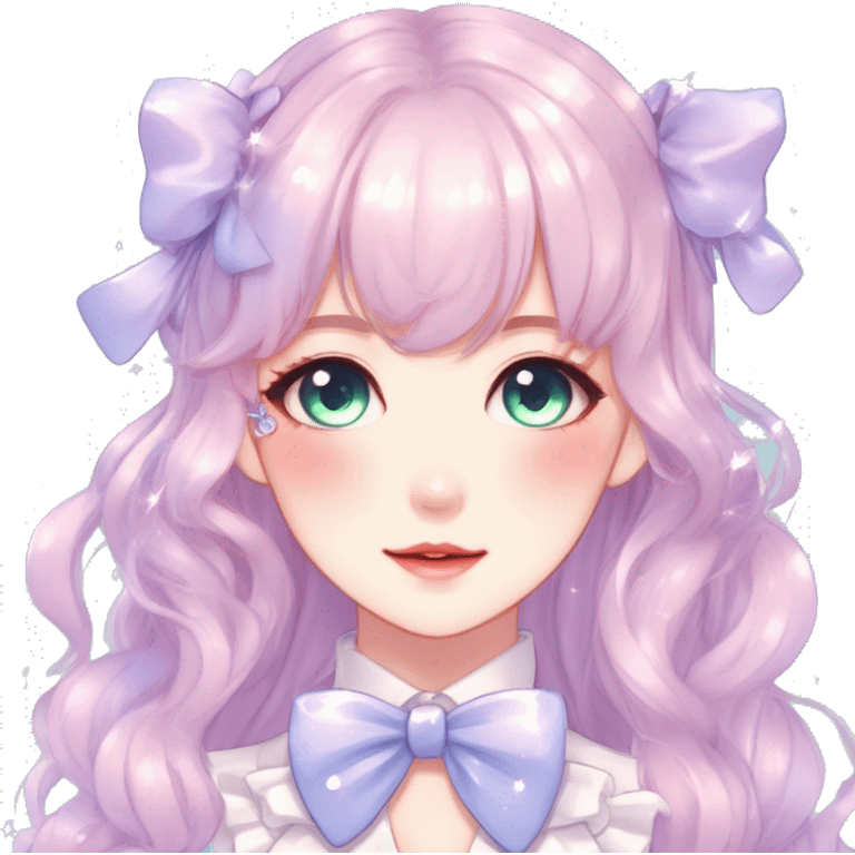 Gorgeous pastel anime style lady with blushing face with sparkly bow tie idol model cottagecore fairycore pastelcore shiny colorful pearly petite simplistic aesthetic trending style emoji