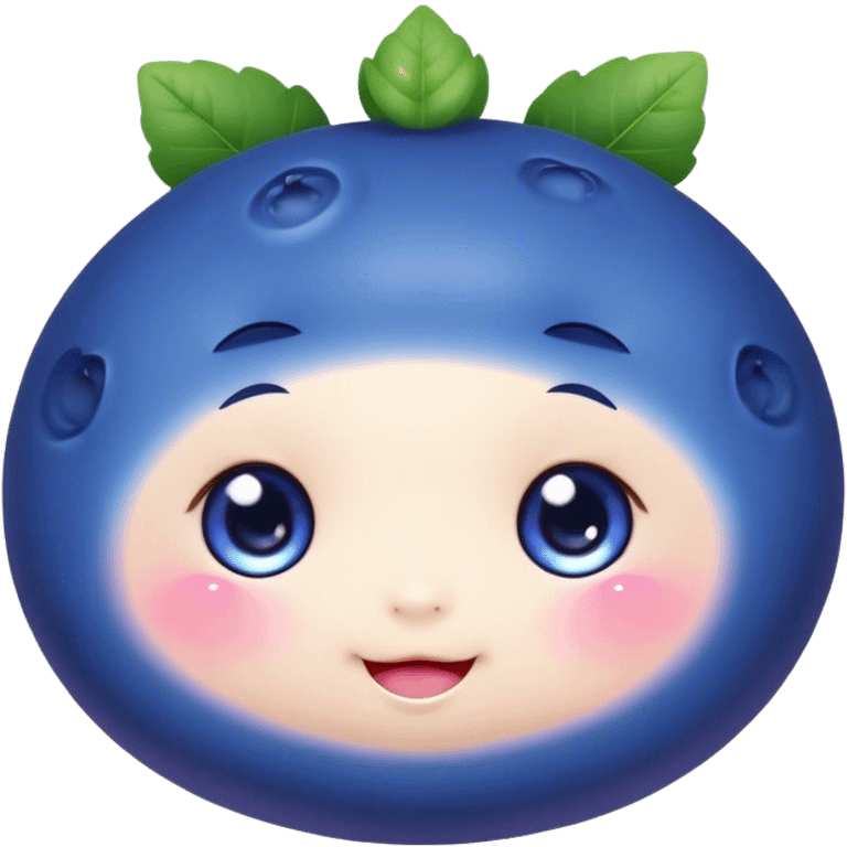 Cute Kawaii Blueberry, small and chubby, deep blue-purple with a tiny leafy crown, bright sparkling eyes, a soft round body, cute blushing cheeks, full of berry sweetness! emoji