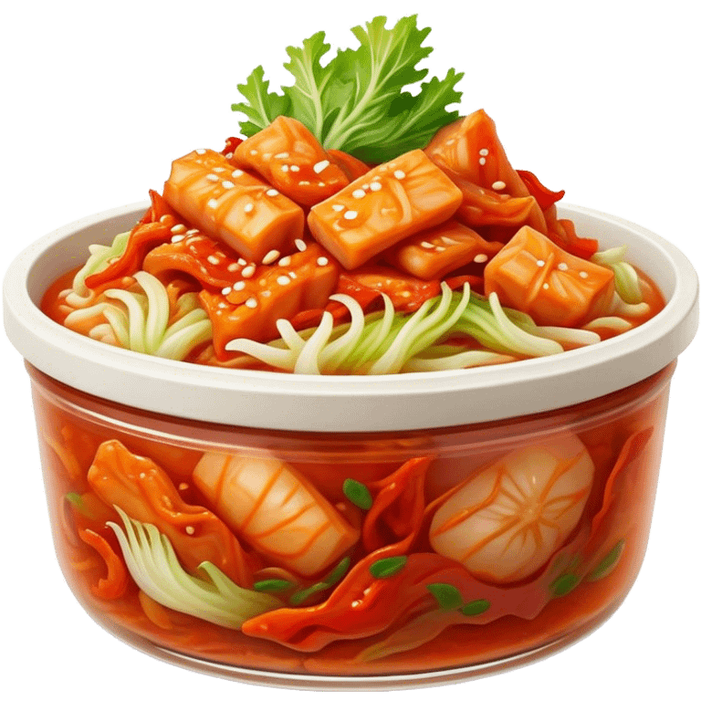 Cinematic Realistic Kimchi Dish Emoji, depicted as a vibrant fermented cabbage dish with a spicy kick rendered with detailed textures and dynamic, appetizing lighting. emoji