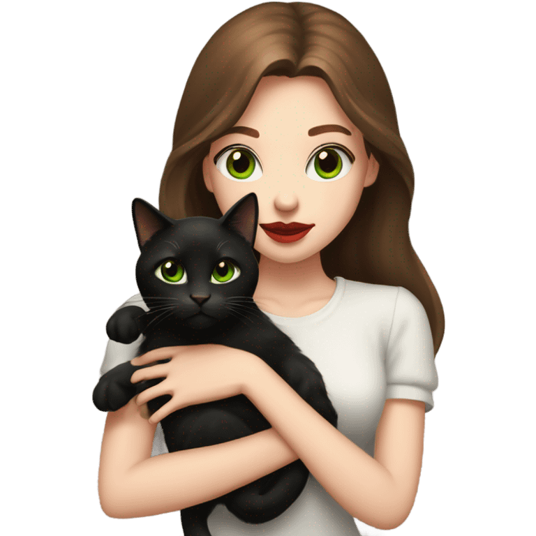 A teenage girl with white skin, green eyes, red lipstick, mid long brown hair, holding a black cat in her arms, view from close emoji