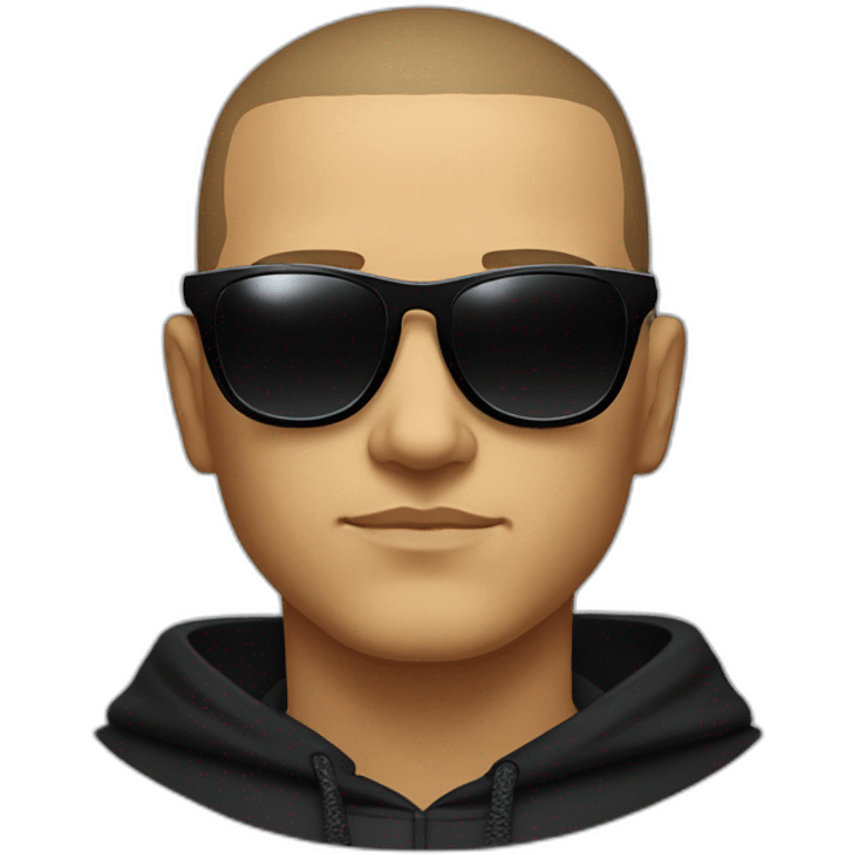 Serious face of DJ Snake with black sunglasses front view wearing a BLACK hoodie emoji