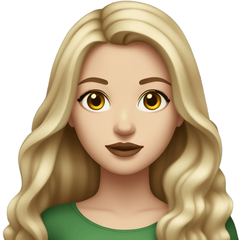 White girl with long dark-blonde hair with blonde highlights balayage, with plump lips of natural color, yellow-green eyes emoji