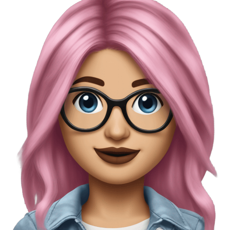 Photo Realistic kylie jenner stylish pink hair BLUE eyes and glasses happy  emoji