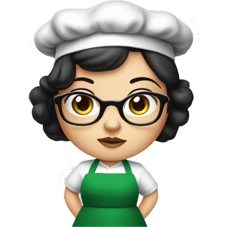 chubby lady with black hair and big eyes green apron  with glasses cooking  emoji