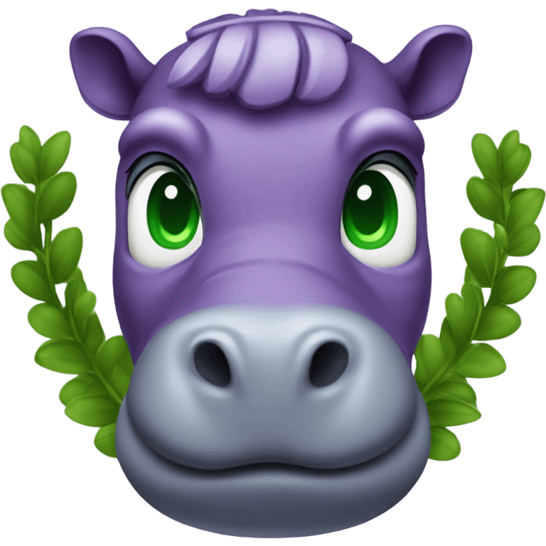 Waist-length purple hippopotamus with green eyes and a laurel wreath on its head emoji