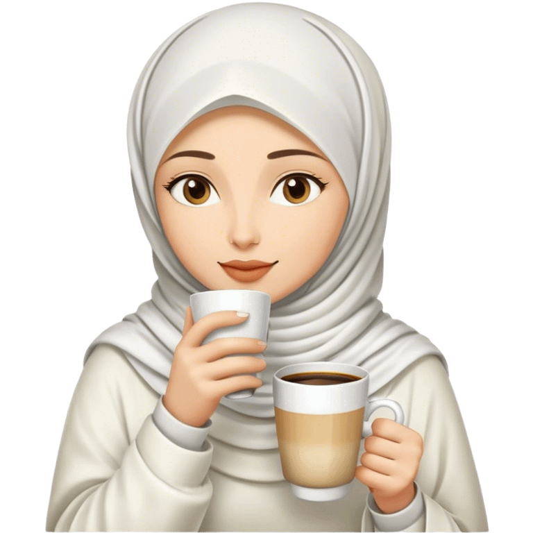 a white hijab woman drinks a cup of coffee emoji