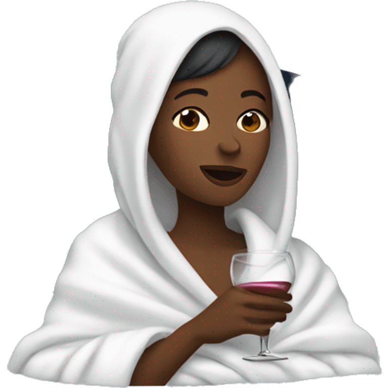 woman wrapped in white blanket drinking wine emoji