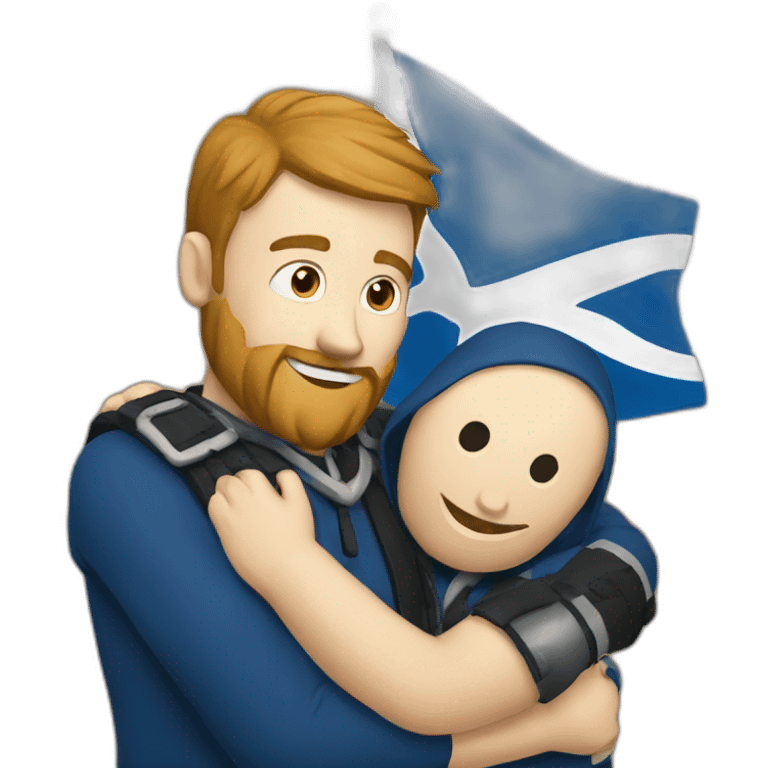 Scottish software engineers hugging with Scottish flag in background emoji