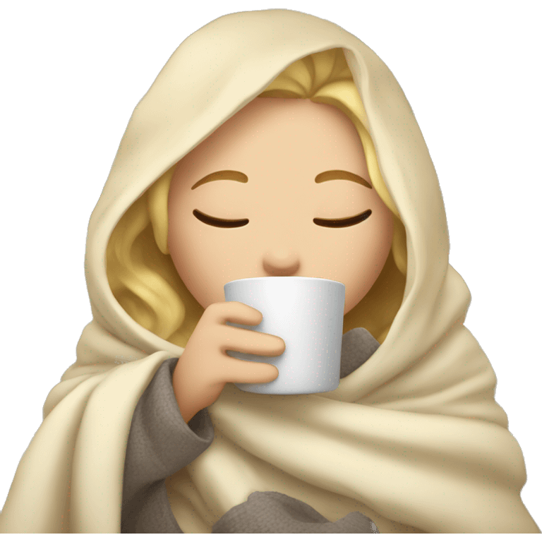 Blonde girl inside a blanket sipping coffee eyes closed emoji