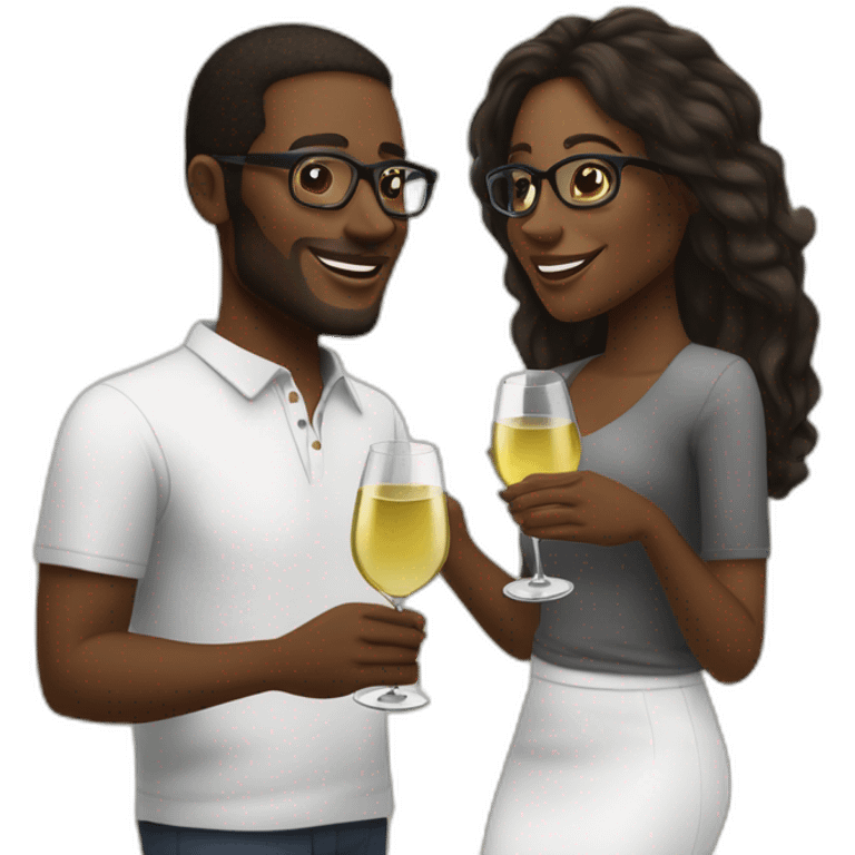 An African couple, a black woman with long dark blonde hair and brown eyes, and a black man with a medium fade haircut who wears glasses, toast to each other with a glass of white wine. emoji