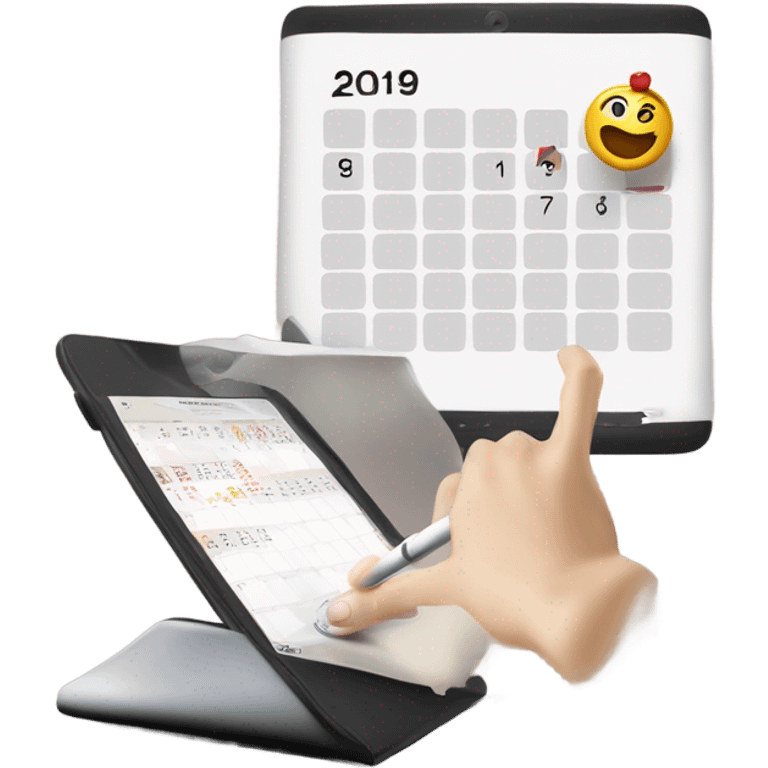 Mano blanca escribiendo con un bolígrafo color borgoña en una tablet con un calendario editorial. emoji