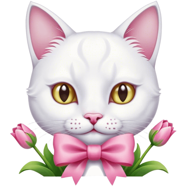 White cat with pink bow and tulips emoji