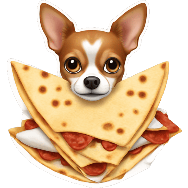 Long-haired reddish brown Chihuahua with white markings eating quesadilla emoji