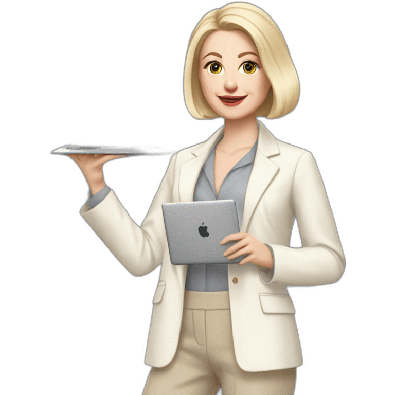 pale skin woman with ash blonde Straightened bob Hair, White Spacious classical jacket, beige palazzo Arrow pants and gray blouse holding a MacBook in the hands emoji