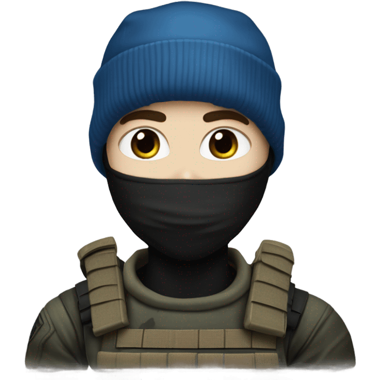 male, pale skin, face mask, camo tactical gear, combat boots, black beanie, blue eyes emoji