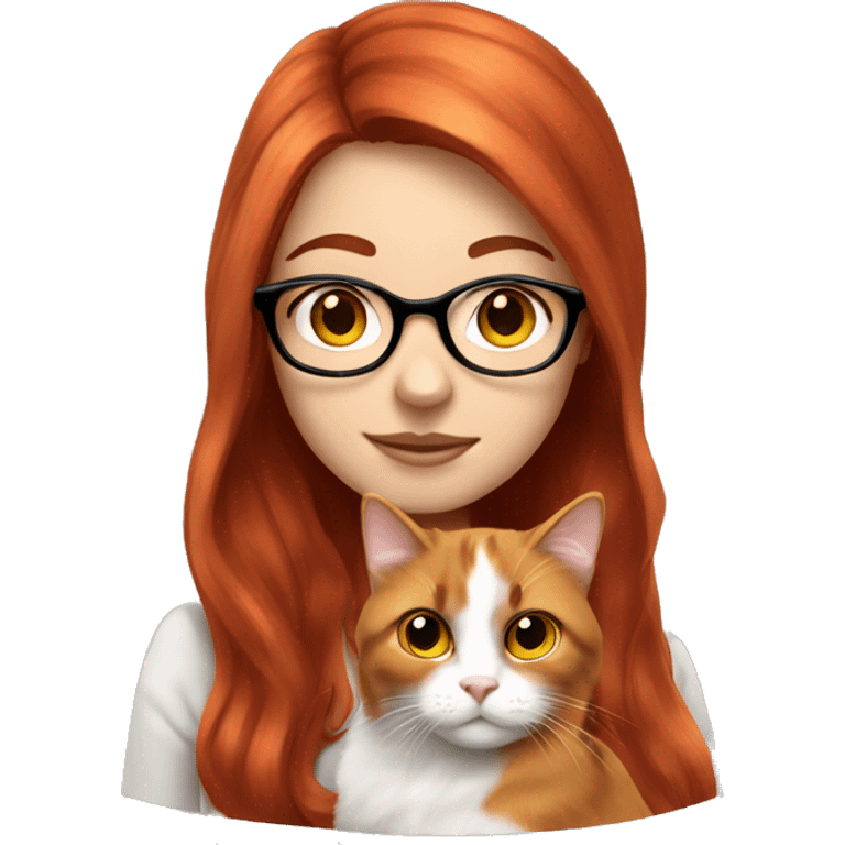 White skin Red haired girl with glasses holding long-haired calico cat emoji