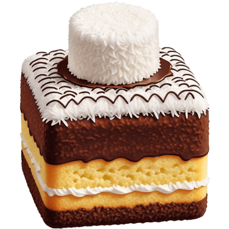 Lamington Cinematic Realistic Lamington Dessert Emoji, depicted as a sponge cake square coated in chocolate and dusted with coconut on all sides, rendered with lifelike textures and vibrant, tropical lighting. emoji