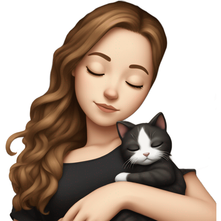 White girl brown hair sleeping with black and white kitty emoji