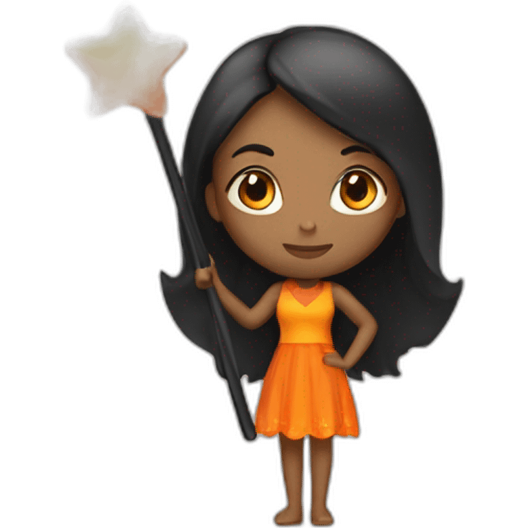 brown woman holding a orange star wand long black straight hair full length emoji