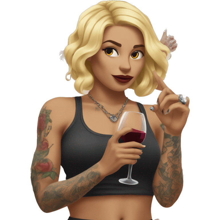 Blonde women in, her body covered with tattoos, wine in her one hand and pointing Forward with her other hand emoji