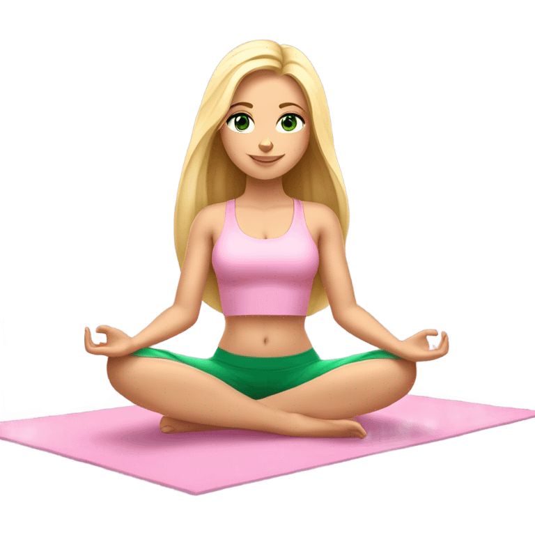 blonde long hair and green eyes yoga beautiful girl in light pink pink pink clothes sitting on a yoga mat emoji