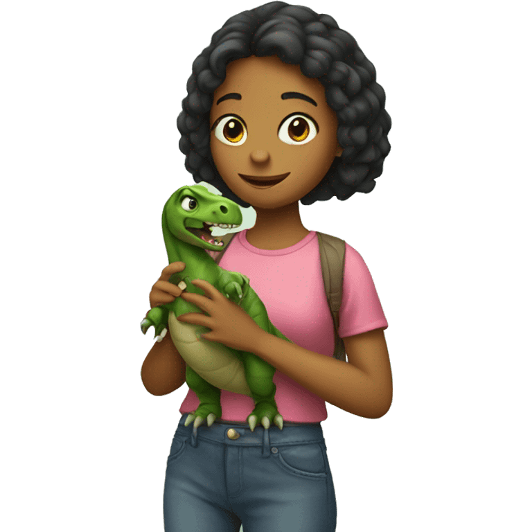 a girl holding a dinosaur emoji