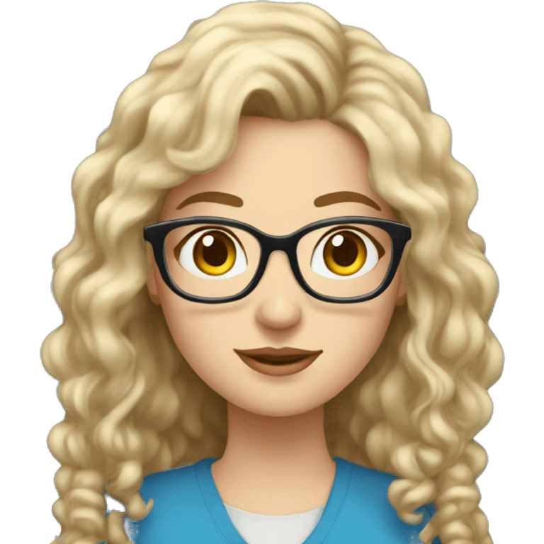 Woman teacher chubby blonde gray long curly hair glasses blue eyes with book emoji