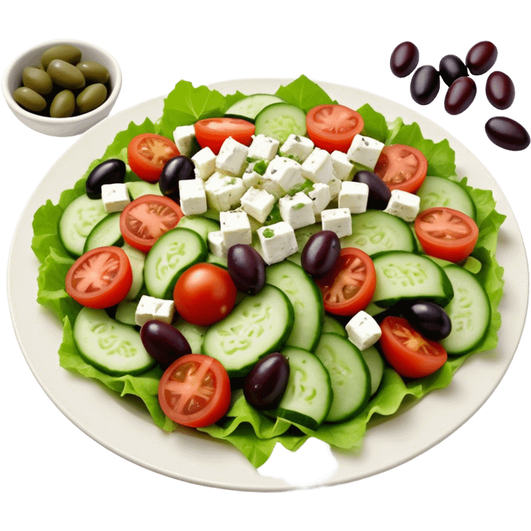 Cinematic Realistic Greek Salad Dish Emoji, depicted with crisp lettuce, tomatoes, cucumbers, olives, and feta cheese rendered with vibrant textures and fresh, natural lighting. emoji