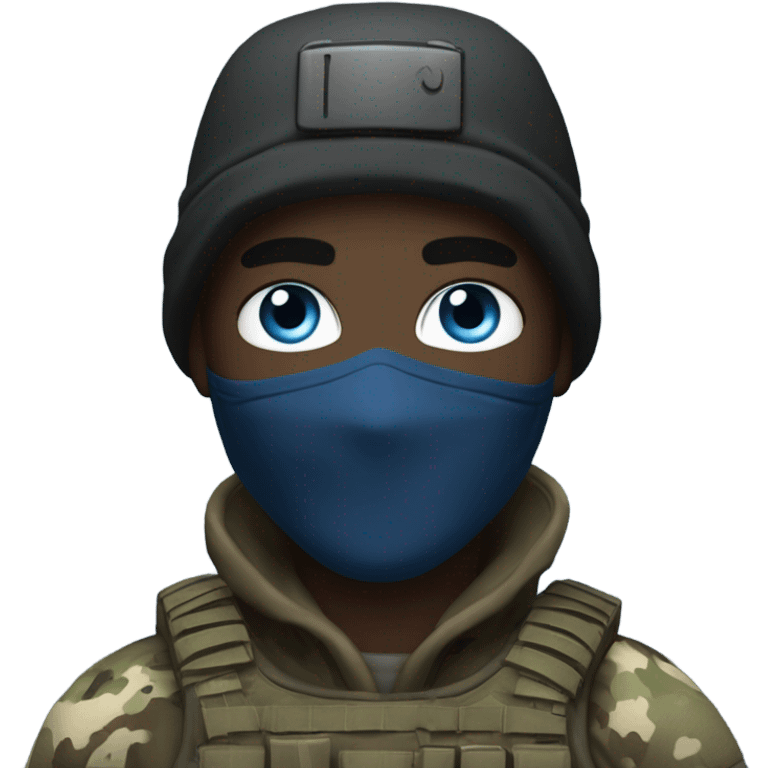 male, pale skin, call of duty black face mask, camo tactical gear, combat boots, black beanie, blue eyes emoji