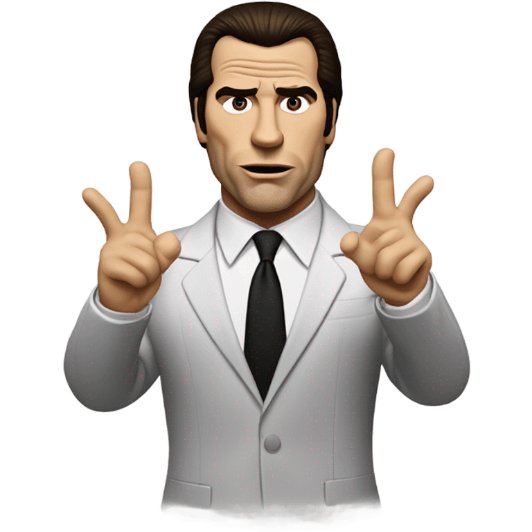 Generate an emoji-style version of the Confused Travolta meme featuring a simplified, cartoon-like representation of John Travolta's character from Pulp Fiction. The figure should have a puzzled expression, with slightly raised eyebrows and an open hand gesture. The background should be minimalistic, with soft shading to enhance the 3D effect, and the character should wear a black suit with a white shirt.  emoji