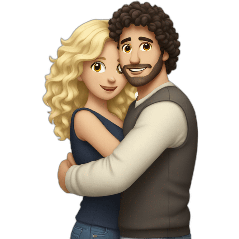 White man with dark curly hair hugging a blonde curvy woman emoji