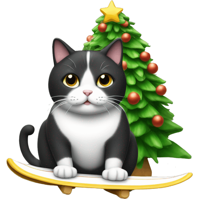 Fat Tuxedo Cat surfing a Christmas tree emoji