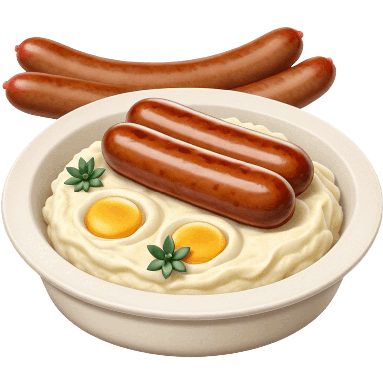 Cinematic Realistic Bangers and Mash Dish Emoji, featuring succulent pork sausages paired with creamy mashed potatoes rendered with detailed textures and natural highlights that emphasize its robust, hearty flavor. emoji