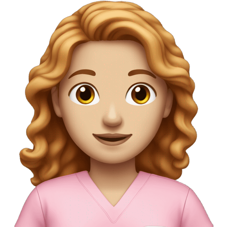 white girl. long wavy auburn hair.Pink Scrubs.  emoji