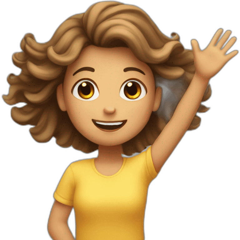 Girl with waving hair holding a star in hands while flying emoji