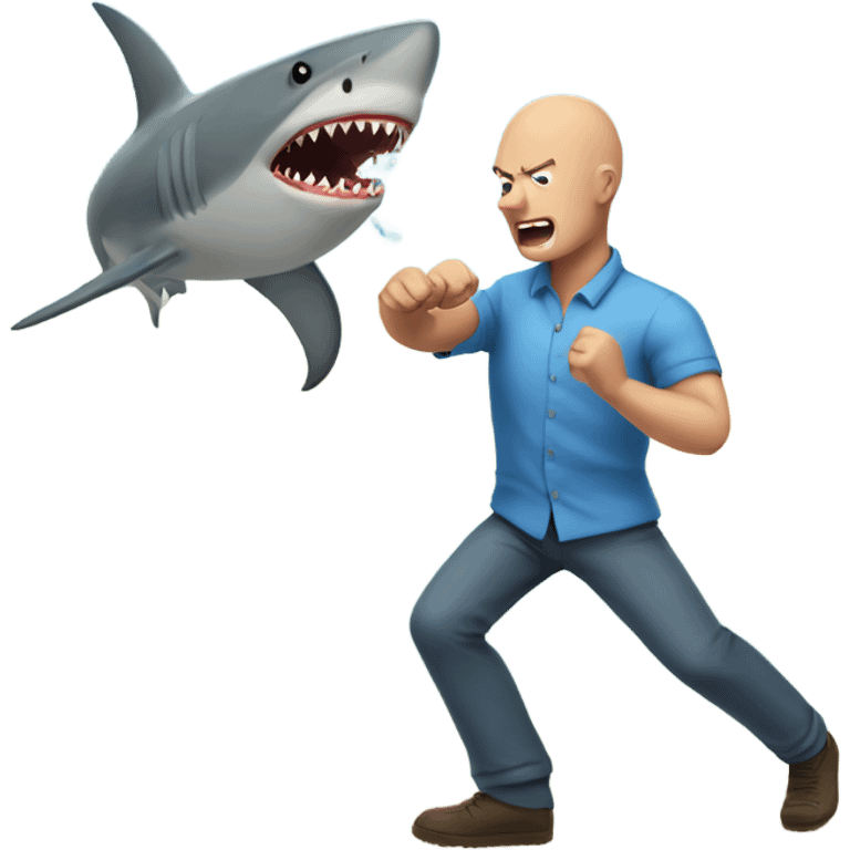 bald man in blue shirt fighting a shark emoji