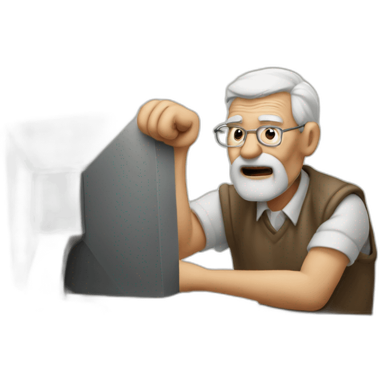 Old man shakes fist at computer emoji