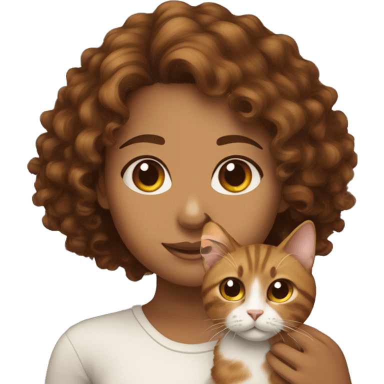 Brown curly hair girl with a tricolor cat  emoji