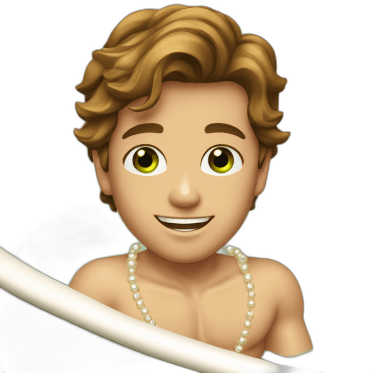 Posh-muscle-boy-brown-hair-green-eyes-pearl-necklace-in-golden-bathtub emoji