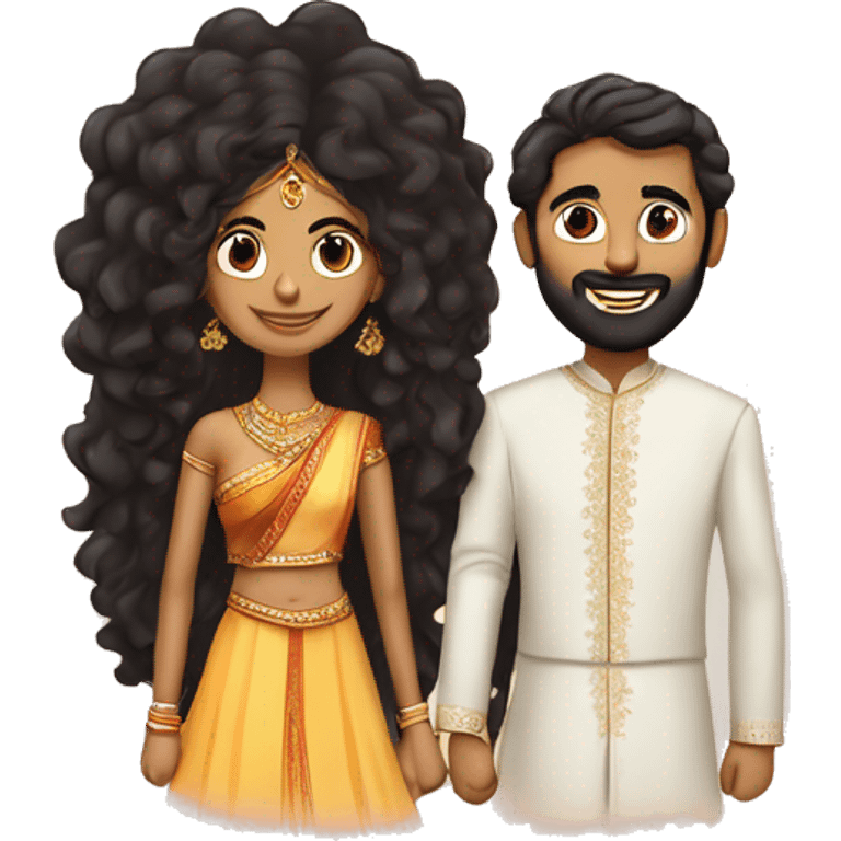 indian girl with curly hair marrying indian guy with straight hair and beard with an interesting background emoji