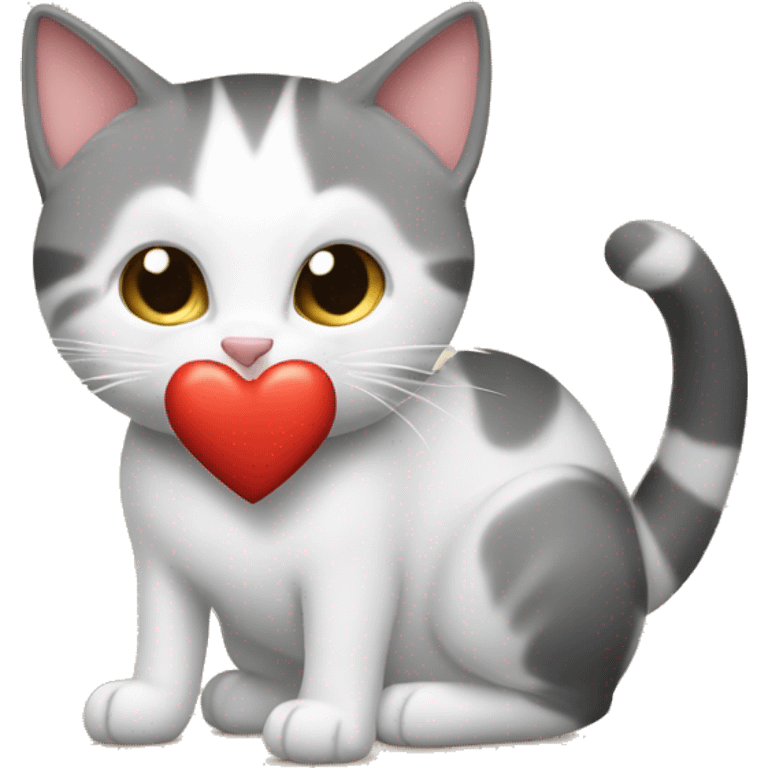 Gato atigrado creando un corazón con un gato blanco pequeño emoji