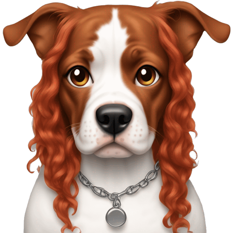 Long Red haired woman with septum piercing holding black and white English Staffordshire dog emoji